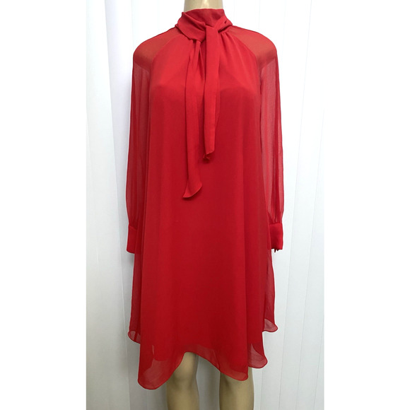 KENZO Red Flare A line Mini Dress Tunic Long Sleeve Neck Tie Crepe 34 XS - Picture 3 of 11